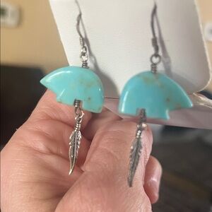 Turquoise Bear Earrings with Silver Feather